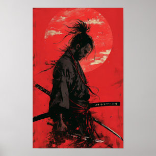 Affiche Miyamoto Musashi Vagabond Manga Style Red Backgrou