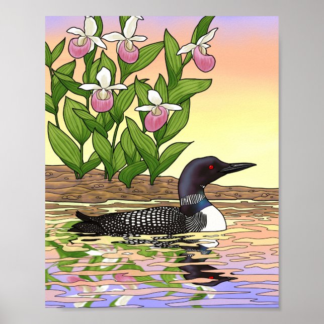 Affiche MN Oiseau Fleur État Plongeon Cypripède (Devant)
