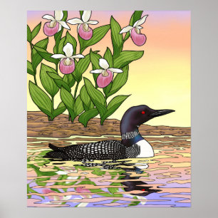 Affiche MN State Bird Flower Loon Lady Slipper