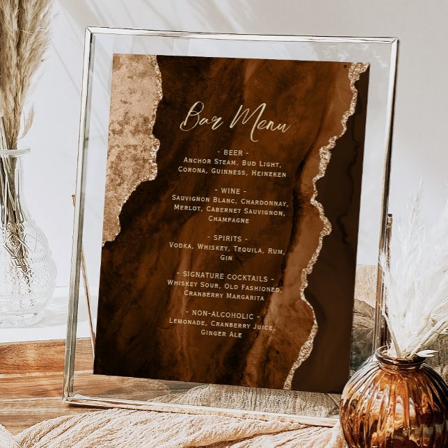 Affiche Mocha Brown Gold Agate Script Wedding Bar Menu  (Créateur téléchargé)