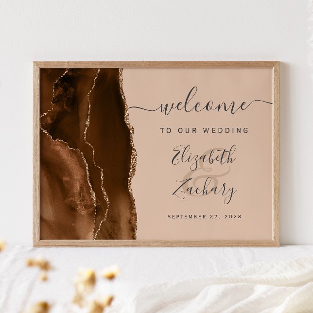 Affiche Mocha Brown Gold Agate Tan Wedding Welcome (Créateur téléchargé)