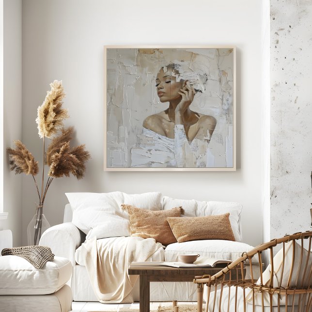 Affiche Mode moderne Portrait Peinture Mur Art (Modern Fashion Portrait Painting Wall Art in a beautiful neutral boho living room.)