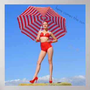 Affiche Modèle bikini rétro/parasol rayé rouge