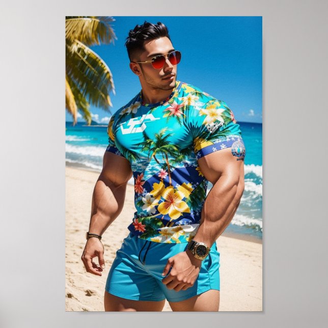 Affiche Modèle Bodybuilder à Hawaii Beach (Devant)