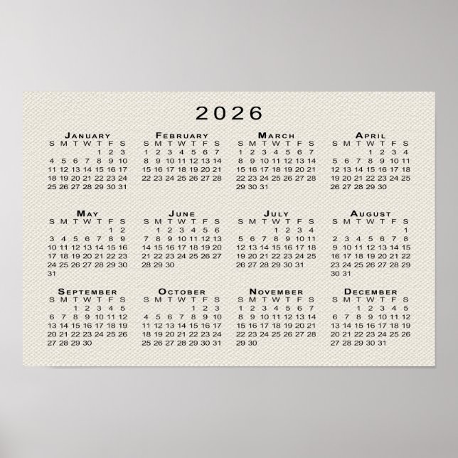 Affiche Modèle de calendrier 2026 sur texture de toile fau (Devant)
