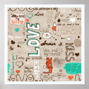 Affiche Modèle de doodle de citations d'amour