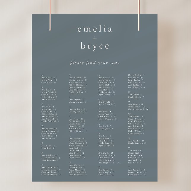 Affiche MODÈLE de la carte de siège Mariage en bleu rustiq (EMELIA Blue Rustic Wedding Seating Chart Template)