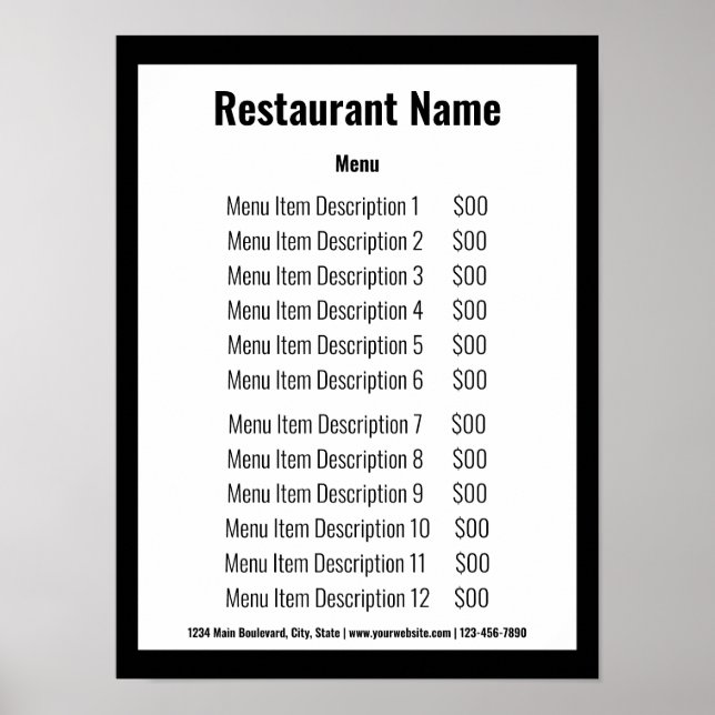 Affiche Modèle de menu de restaurant noir et blanc pour en (Devant)