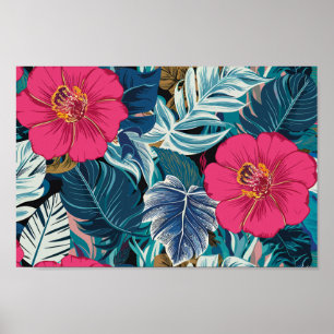 Affiche Modèle floral avec Hibiscus rose et feuillage bleu