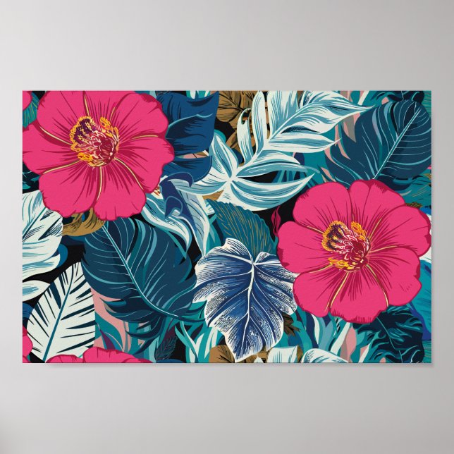 Affiche Modèle floral avec Hibiscus rose et feuillage bleu (Devant)