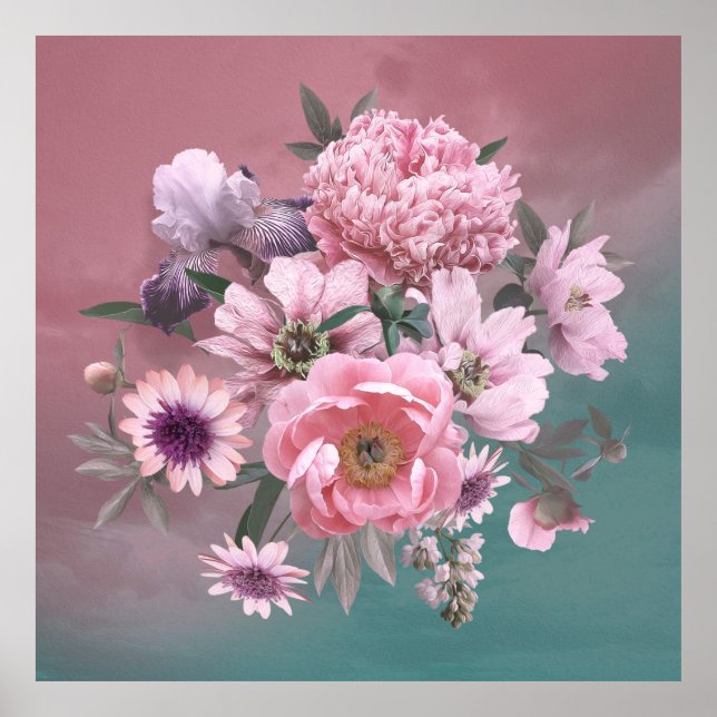 Affiche Modèle floral. Belles pivoines de fleurs et iri (Devant)