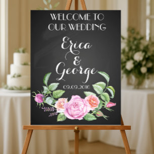 Affiche Modèle floral rose panneau de bienvenue de mariage