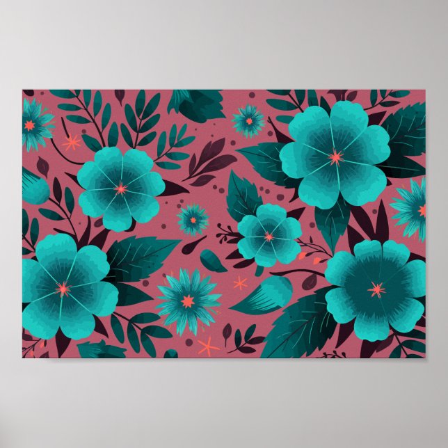 Affiche Modèle floral turquoise sur Arrière - plan marron (Devant)