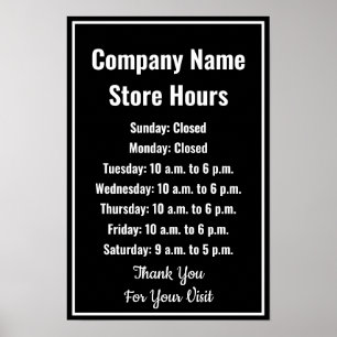 Affiche Modèle Heures d'ouverture d'entreprise Noir & Blan