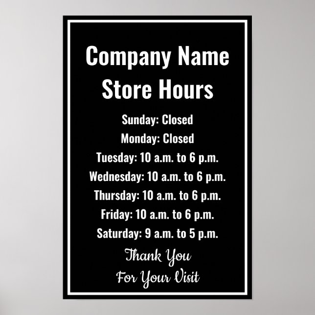 Affiche Modèle Heures d'ouverture d'entreprise Noir & Blan (Devant)