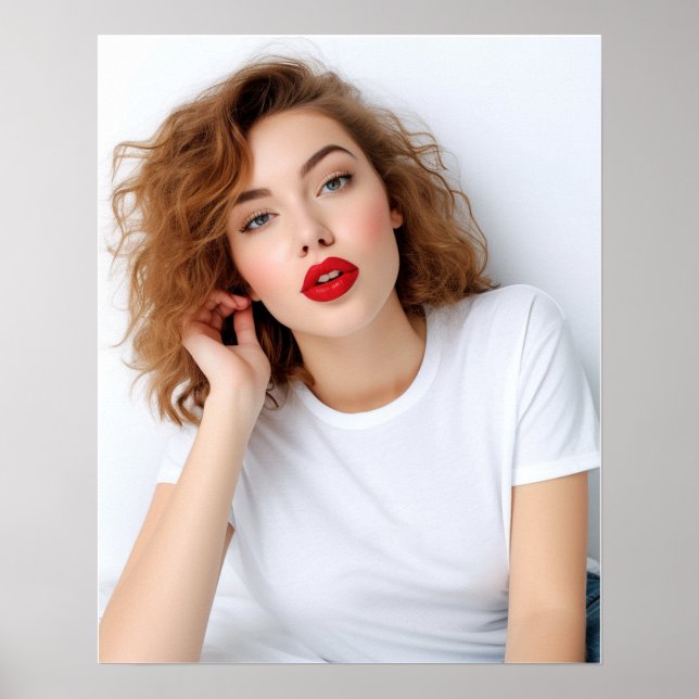 Affiche Modèle mignon à cheveux bouclés portant le tshirt  (Devant)