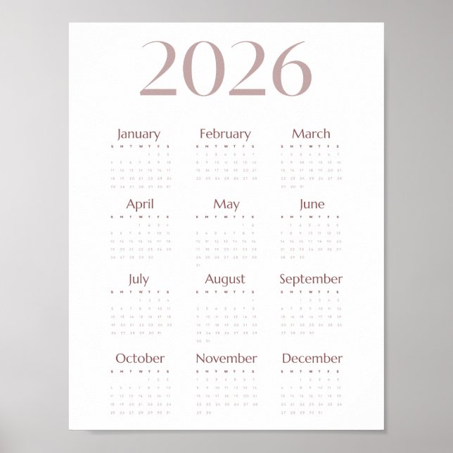 Affiche Modern 2026 Minimalist One-Sheet Calendar (Devant)