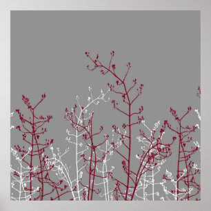 Affiche Modern Abstract Elegant Burgundy Flowers on Grey