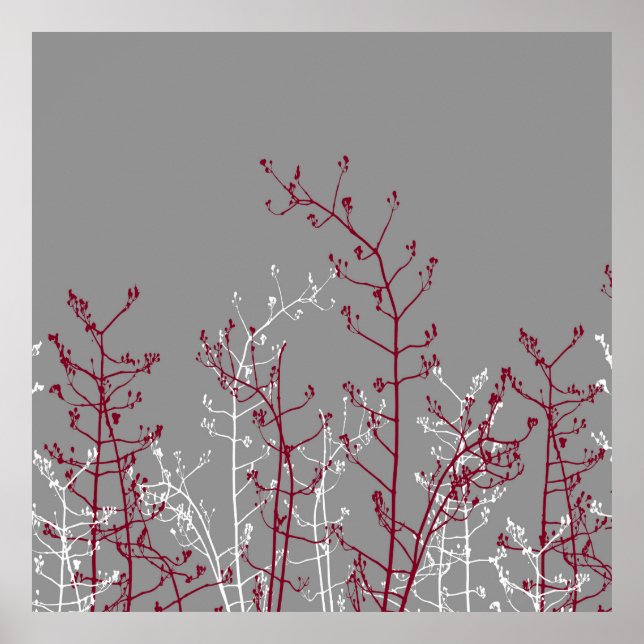 Affiche Modern Abstract Elegant Burgundy Flowers on Grey (Devant)