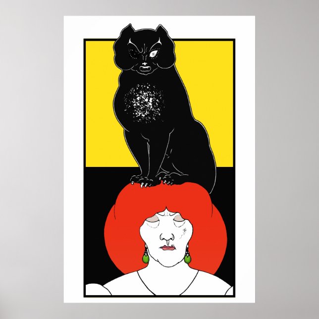 Affiche Modern Art Nouveau Beardsley Black Cat Goth Yellow (Devant)
