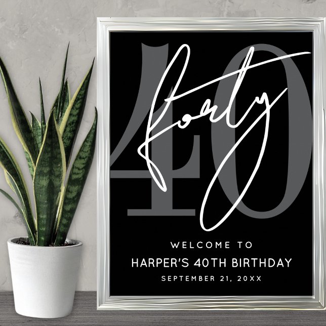 Affiche Modern Black 40th Birthday Party Welcome Sign (Modern Black 40th Birthday Party Welcome Sign)