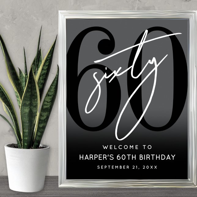Affiche Modern Black 60th Birthday Party Welcome Sign (Modern Black 60th Birthday Party Welcome Sign)