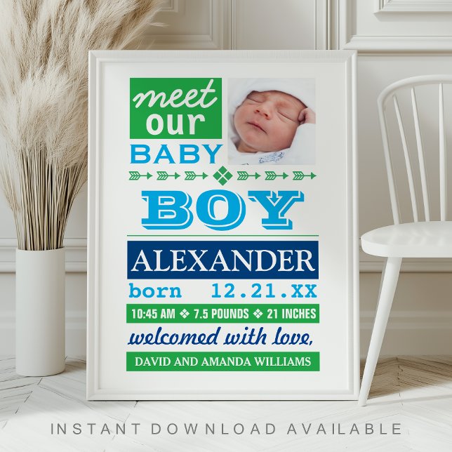 Affiche Modern Blue Baby Boy Photo Birth Announcement (Créateur téléchargé)