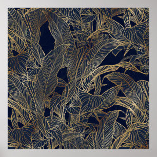 Affiche Modern Blue Gold Foliage Plant Botanical Design