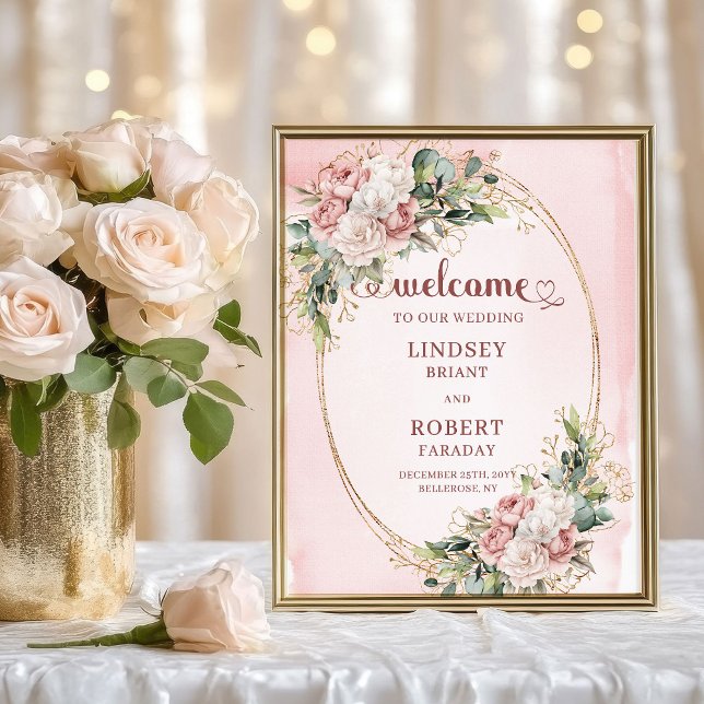 Affiche Modern Dusty Pink Floral Gold Glitter Welcome Sign (Modern Dusty Pink Floral Gold Glitter Welcome Sign)