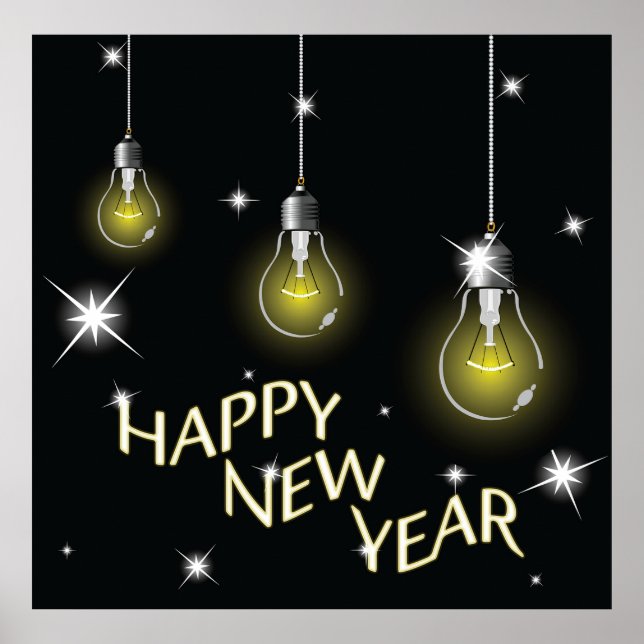 Affiche Modern Glowing Light Bulbs Happy New Year (Devant)