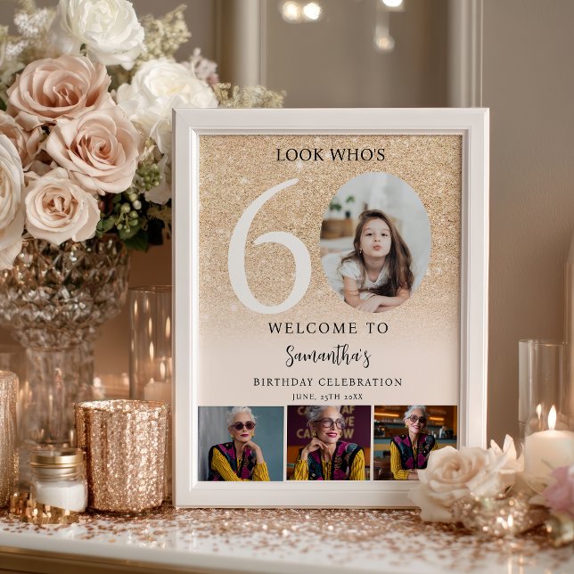Affiche Modern gold glitter 60th Birthday 4 Photo Welcome (Modern gold glitter 60th Birthday 4 Photo Welcome Poster)