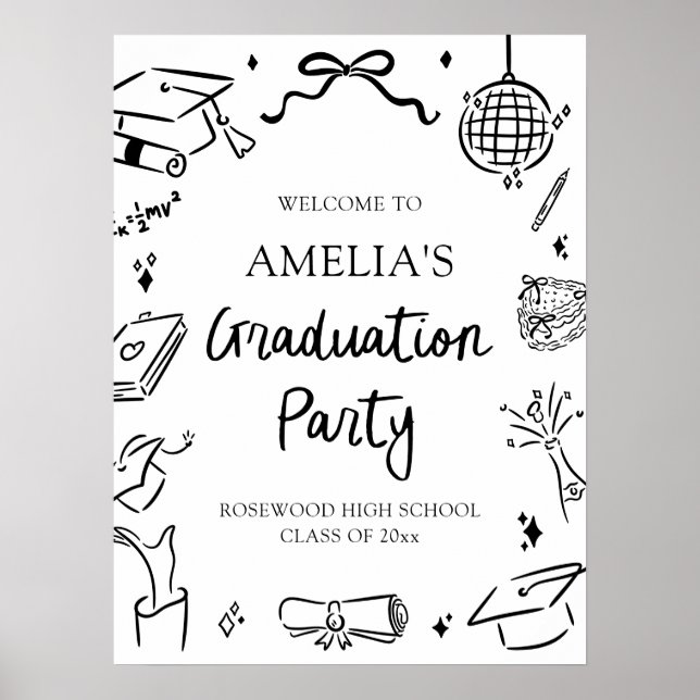 Affiche Modern Hand Drawn Bow Graduation Party Welcome (Devant)