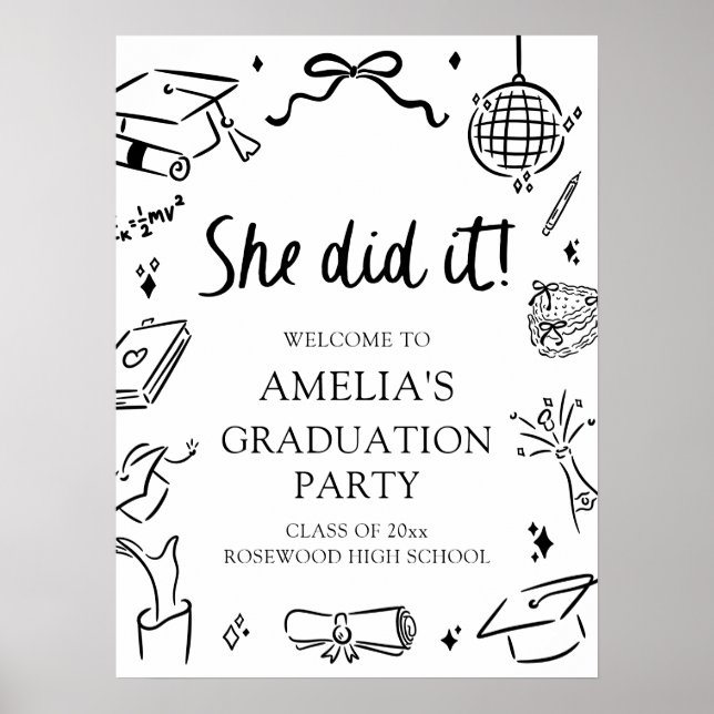 Affiche Modern Hand Drawn Bow Graduation Party Welcome (Devant)