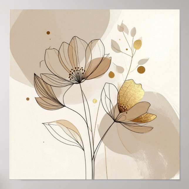 Affiche Modern Minimalist Gold Floral Line Art: Abstract B (Devant)