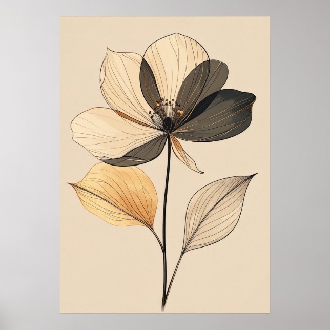Affiche Modern Minimalist Sheer Beige & Gold Floral Botani (Devant)