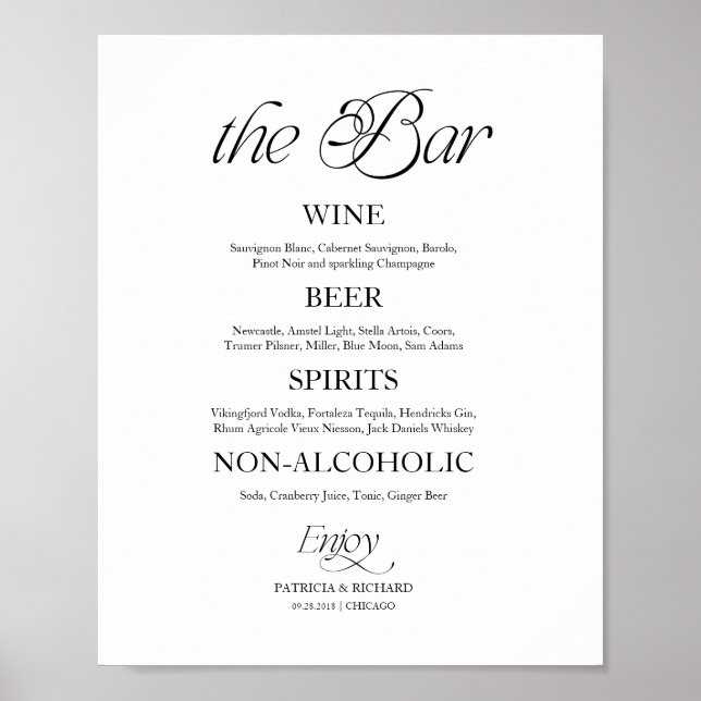 Affiche Modern Minimalist "The Bar" Wedding Menu Sign (Devant)