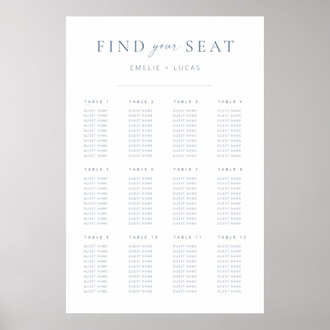Affiche Modern Minimalist Wedding Seating Chart | Blue (Devant)