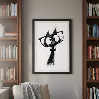 Affiche Modern Minimalist Whimsical Nerd Cat with Glasses
