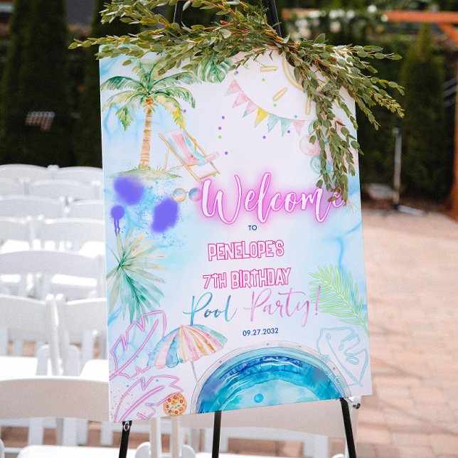 Affiche Modern Neon Glow Watercolor Pool Party Welcome (Créateur téléchargé)