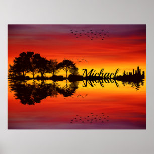 Affiche Modern Orange Sunset Guitarist Name Watercolor