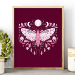 Affiche Modern Pink And White Abstract Moth Illustration<br><div class="desc">Modern Pink And White Abstract Celestial Moth Illustration Poster. This magical mystical abstract boho design features a beautiful intricate moth illustration with a full moon and crescent moon phases. Adorned with wildflowers,  and floral flourishes. Bohemian witchy aesthetic.</div>
