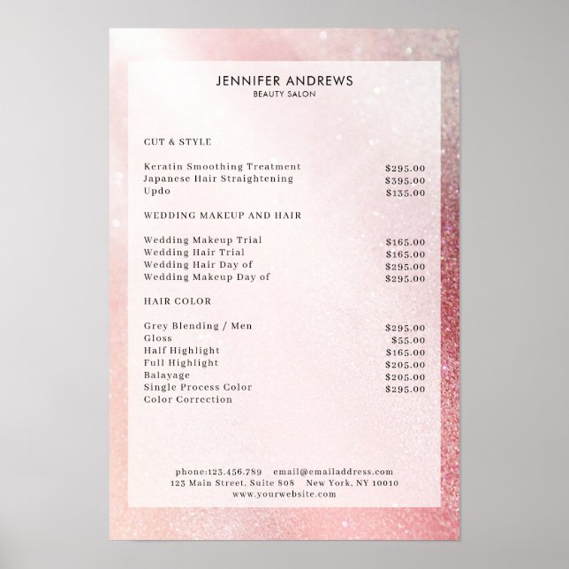 Affiche Modern Pink Glitter Salon Price List  (Devant)
