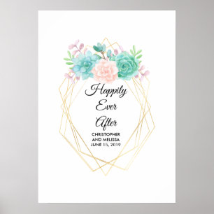 Affiche Modern Pink & Green Watercolor Succulents Wedding
