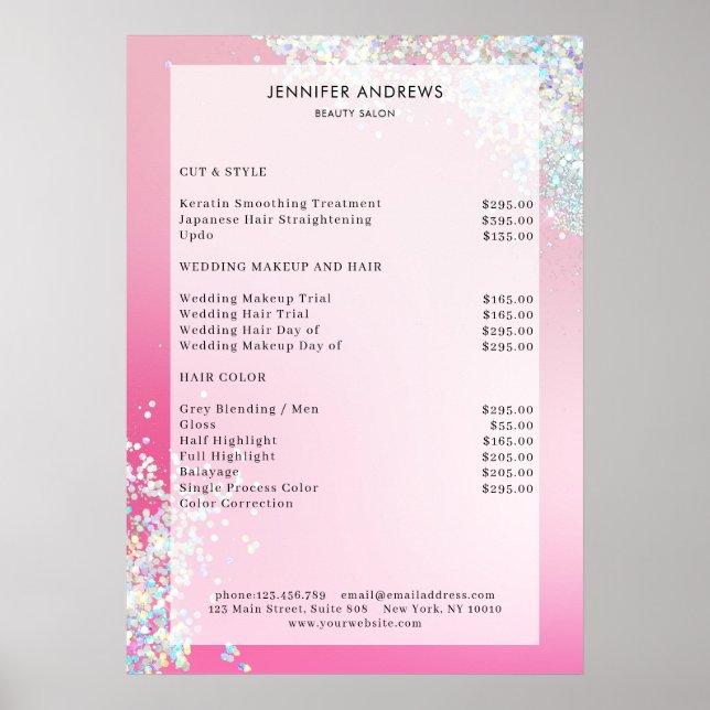 Affiche Modern Pink Silver Glitter Salon Price List (Devant)
