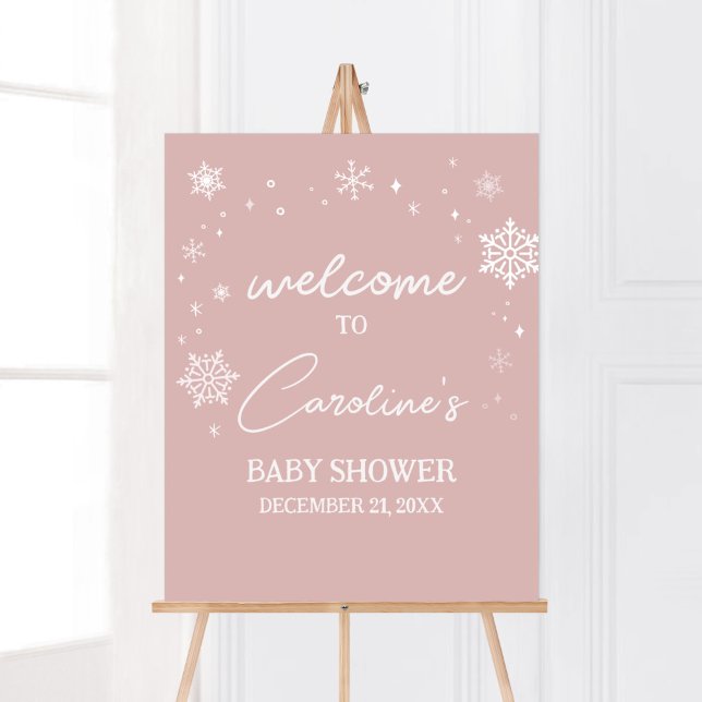 Affiche Modern Pink Snowflakes Baby Shower Welcome (Modern Pink Baby It's Cold Outside Baby Shower Welcome Sign)