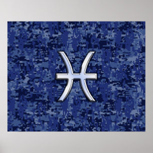 Affiche Modern Pisces Zodiac Sign Navy Blue Digital Camo