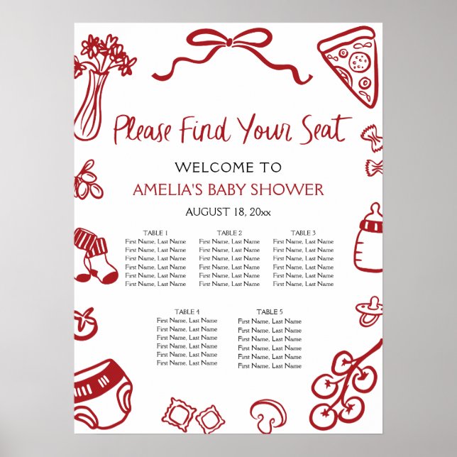 Affiche Modern Red Hand Drawn Italian Pizza Seating Chart (Devant)