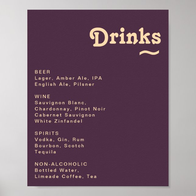 Affiche Modern Retro Dark Purple Wedding Drinks Menu Sign (Devant)