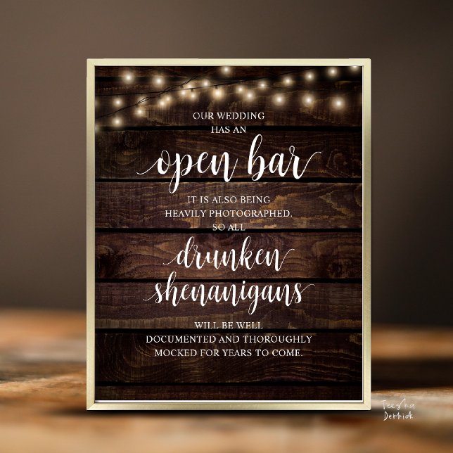 Affiche Modern Rustic Wedding Open Bar Drunken Shenanigans (Modern Rustic Wedding Open Bar Drunken Shenanigans Poster in Cottage Dark Wood, String Lights)