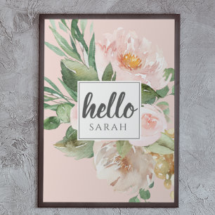 Affiche Modern Watercolor Pink Flowers & Hello & Nom